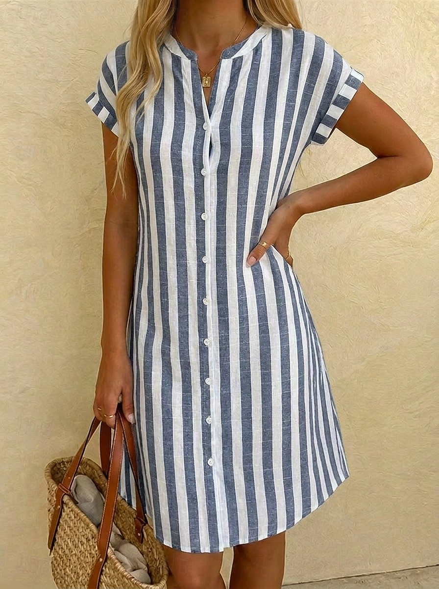 Mujer Vestido hasta la Rodilla Vestido de Camisa Vestido informal Vestido a rayas Elegante Moda Diario Vacaciones Ajuste regular A Rayas Manga Corta Collar mandarín Rojo Azul Marino Gris Azul claro 2026 - $22.99 –P4