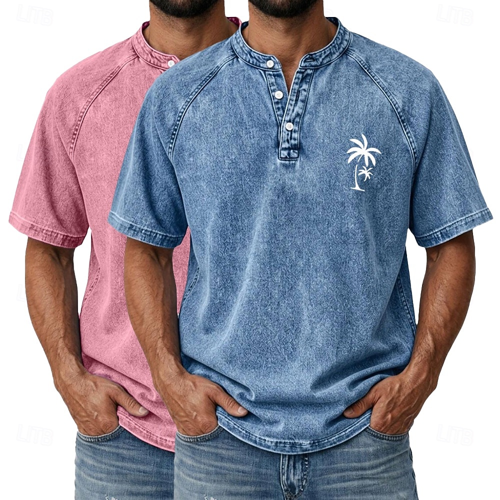 SoftFade™ Men's 2-PCS Coconut Tree T Shirt Demin Shirt 100% Cotton Acid Wash Shirt Short Sleeve Vintage Streetwear Casual Home Street Summer Spring Black Light Green Light Blue Stand 2026 - $62.99 –P7