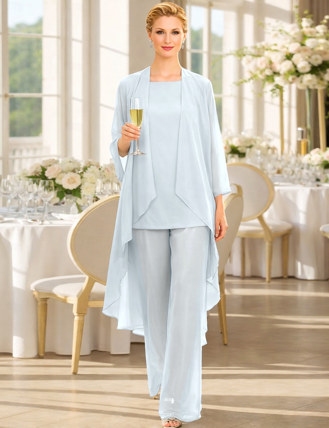 Traje de pantalón Traje de 3 piezas Hasta el Suelo Vestido de Madrina Sin Mangas Barco de cuello Elegante Talla Grande Bolero incluido Invitado a la boda Gasa Vestidos de chaqueta con Un Color 2026 - $137.99 –P16
