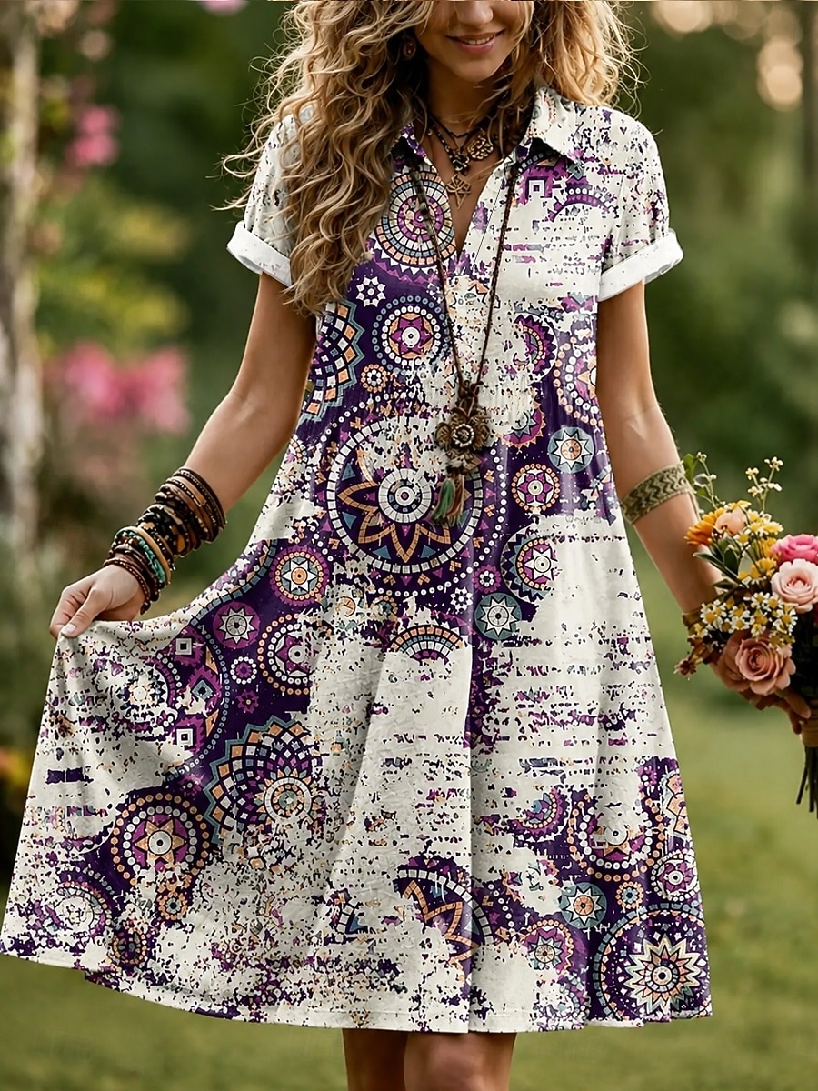 Per donna Abito al ginocchio Abito a trapezio Vacanza Casual Boho Spiaggia Vestibilità regolare Grafico Geometrico Manica Corta Bavero Viola Marrone Estate Primavera del 2026 a $29.99 –P2