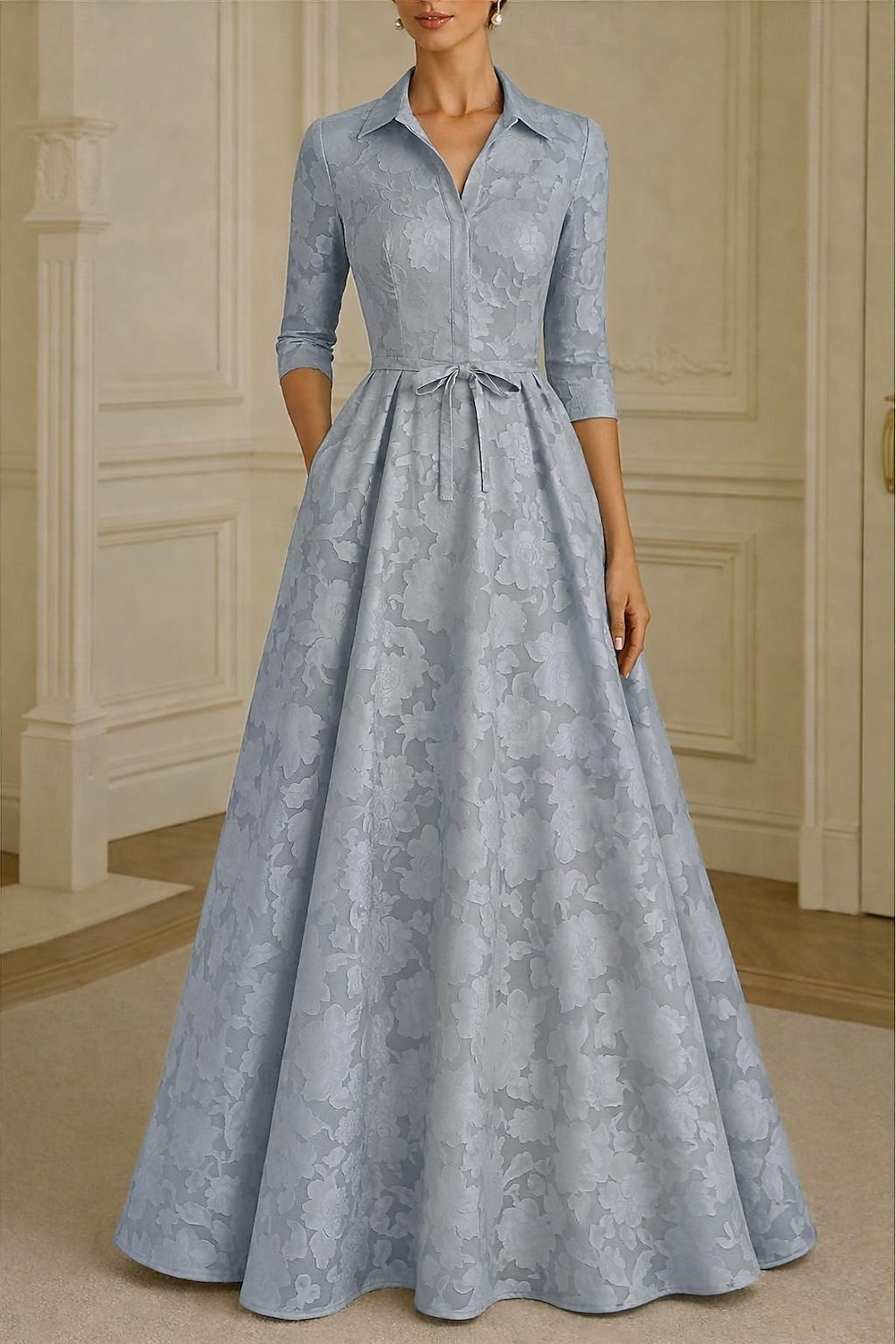 Corte A Hasta el Suelo Vestido de Camisa Vestido formal Vestido de noche Vestido de Madrina Manga Larga Cuello Camisero Elegante Vintage Formal Satén Jacquard con Lazo(s) Flor 2026 - $176.39 –P9