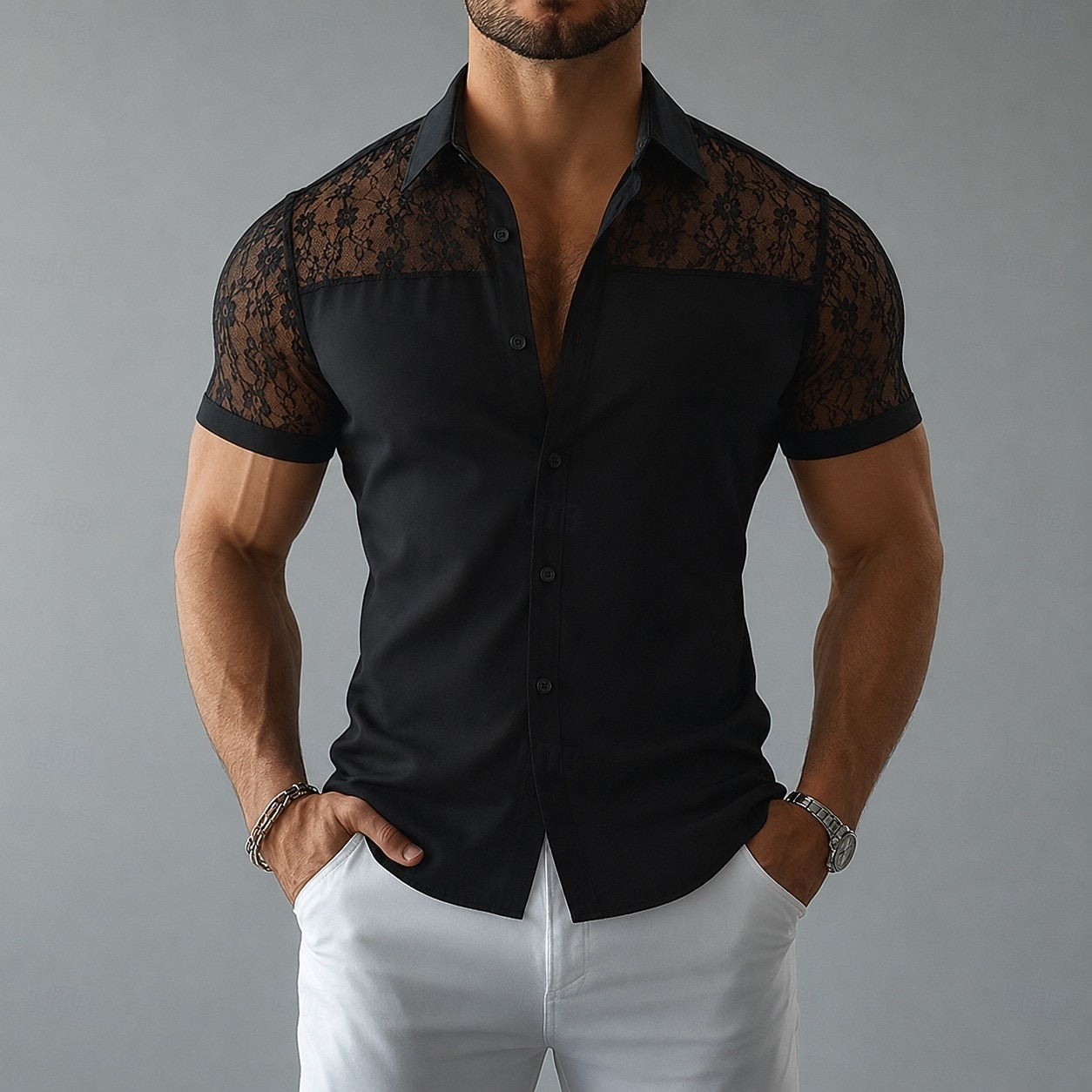 Men Shirt Casual Shirt Button Up Shirt Jacquard Shirt Black Short Sleeve Plain Shirt Collar Casual Daily Lace Clothing Apparel Elegant Fashion Casual 2026 - $26.99 –P1