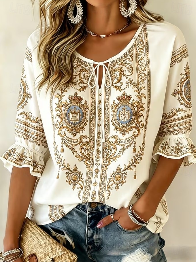 Per donna Camicia Grafico Geometrico Paisley Bohemien Vacanza Vintage Manica Lunga Scollo a V Top Regolari Casuale Quotidiano Ferie Nero Beige Estate Primavera del 2026 a $26.99 –P1
