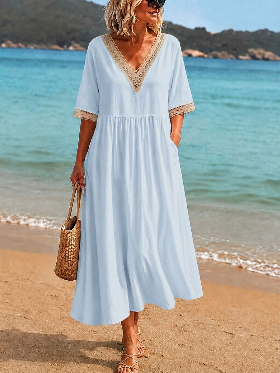Pentru femei Rochii Midi Rochie de dantela Rochie albă Rochie de vară Elegant Modă Zilnic Plajă Vacanță Potrivire Largă Simplu Manșon Jumate În V Alb Bleumarin Albastru Deschis Vară Primăvară 2026 - $25.99 –P2