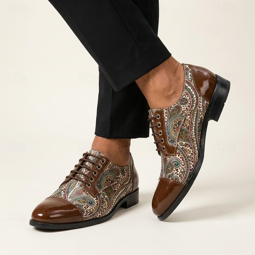 Zapatos Oxford marrones con estampado paisley para hombre, zapatos de vestir con cordones, puntera brillante, calzado elegante para bodas, banquetes, fiestas y ocasiones especiales. 2026 - $46.99 –P5