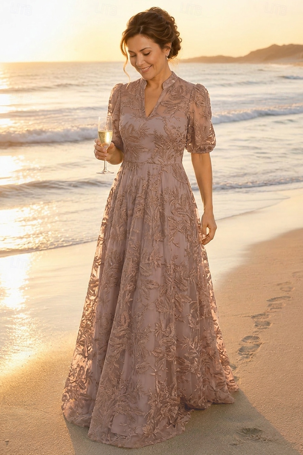 A-Linie Kleid Bodenlang Spitzenkleid Brautmutterkleid Kurzarm V Ausschnitt Hoher Ausschnitt Elegant Vintage luxuriös Formell Hochzeitsgast Semi-Formal Spitze mit Stickerei Applikationen 2026 - $194.99 –P6