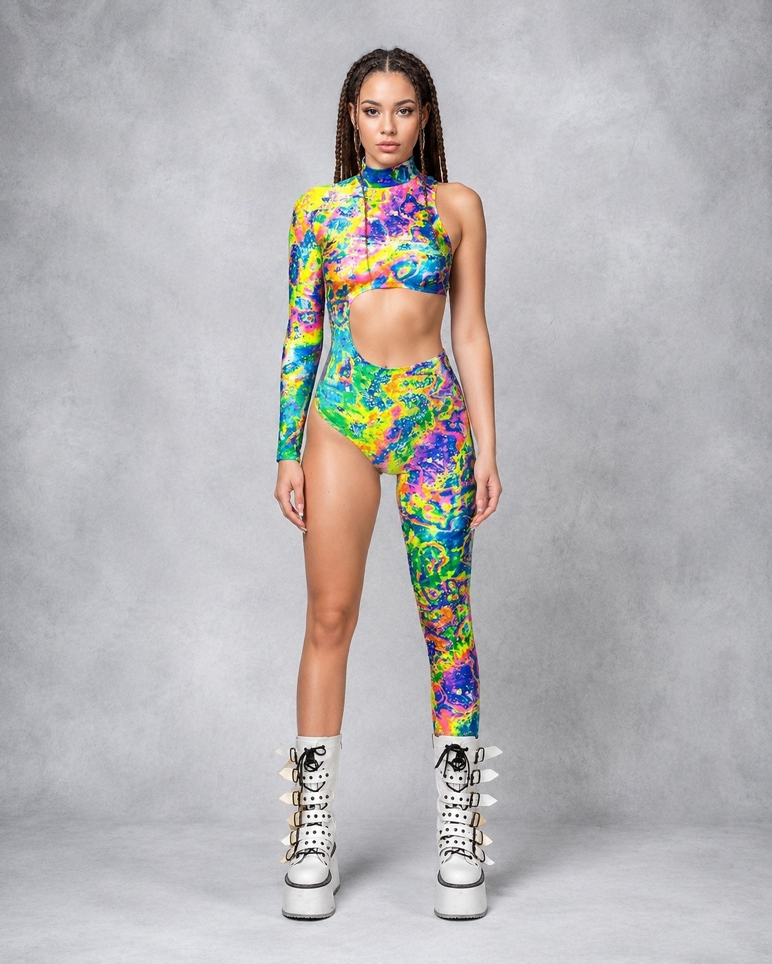 Bodysuit Onesie Costume Printing Cutout Women's Neon Asymmetric Rave Graphic Abstract Costume for Music Festival Party Nightclub Halloween Carnival Adults' 2026 - $31.99 –P1