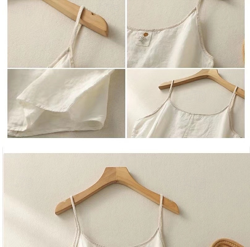 Women's Shirt Blouse Embroidered Solid Color Plain Vintage Sleeveless Scoop Neck Crop Tops Coffee brown Hemp natural color Navy Blue Apricot Summer Spring 2026 - $12.99 –P1