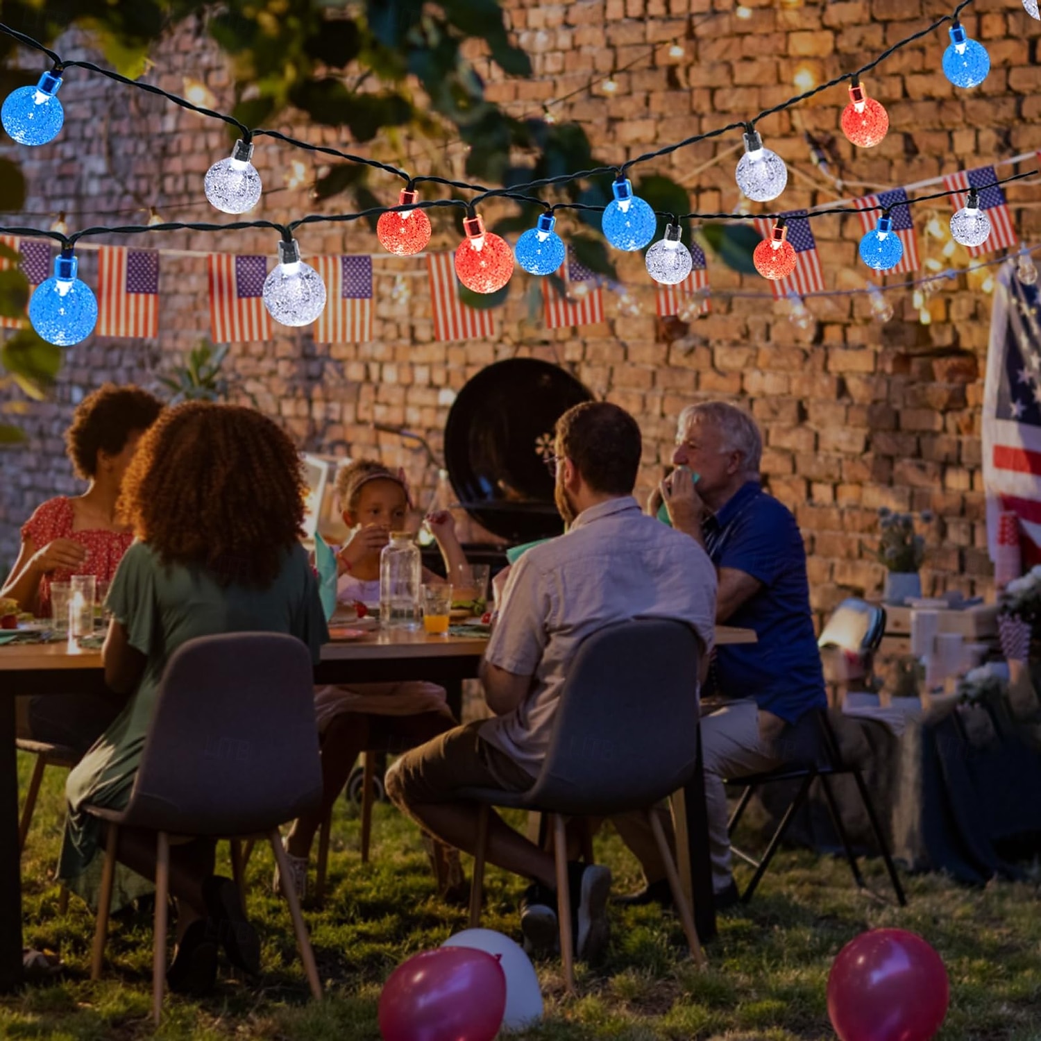 cea de-a 250-a aniversare a SUA, 4 iulie, solar &Șnur luminos reîncărcabil prin USB, 12m 100led glob cu bule roșu alb albastru lumini impermeabile pentru exterior, terasă interioară grădină petrecere 2026 - $35.99 –P1
