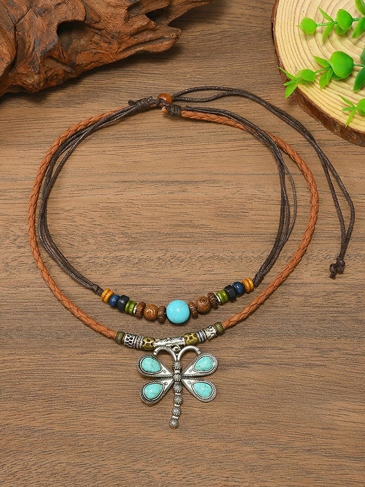 Damski naszyjnik w stylu boho z wisiorkiem w kształcie ważki, dwuwarstwowy choker ze skóry ze stopu metali, z turkusowymi koralikami, idealny na wakacje na plaży, letnie podróże i codzienne, codzienne 2026 - $11.99 –P5