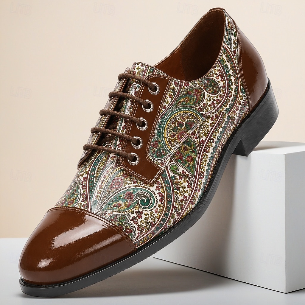 Zapatos Oxford marrones con estampado paisley para hombre, zapatos de vestir con cordones, puntera brillante, calzado elegante para bodas, banquetes, fiestas y ocasiones especiales. 2026 - $46.99 –P3