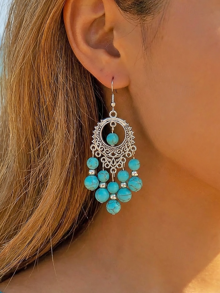 Statement-Ohrringe aus türkisfarbener Legierung im Boho-Stil für Damen, vielseitig kombinierbar, übergroße Hängeohrringe für Strandurlaub, Sommerreisen und den Alltag. 2026 - $7.99 –P5
