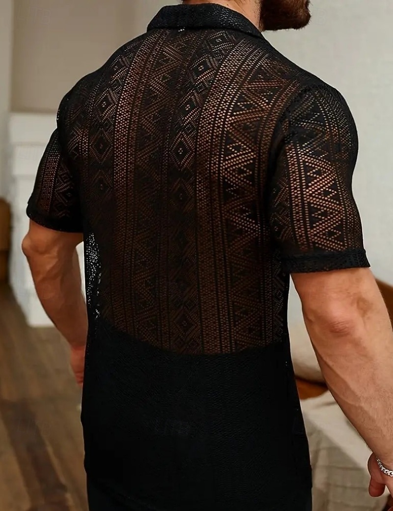 Men's Shirt Casual Shirt Button Up Shirt Jacquard Shirt Black Short Sleeve Plain Shirt Collar Casual Daily Lace Clothing Apparel Elegant Fashion Casual 2026 - $26.99 –P3