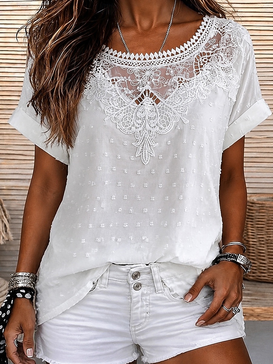 Per donna Camicia Camicia Boho Camicia di Pizzo Pizzo Elegante Bohemien Vacanza Manica Corta Top lunghi Casuale Bianco Blu marino Arancione Estate Primavera del 2026 a $21.99 –P1