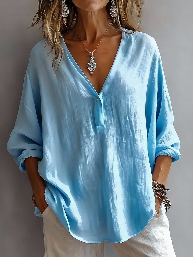 Per donna Camicie di cotone e lino Arricciato Tinta unica Quotidiano Essenziale Casual Manica Lunga Scollo a V Top Regolari Quotidiano Bianco Rosa Azzurro cielo Estate Primavera Autunno del 2026 a $22.99 –P1