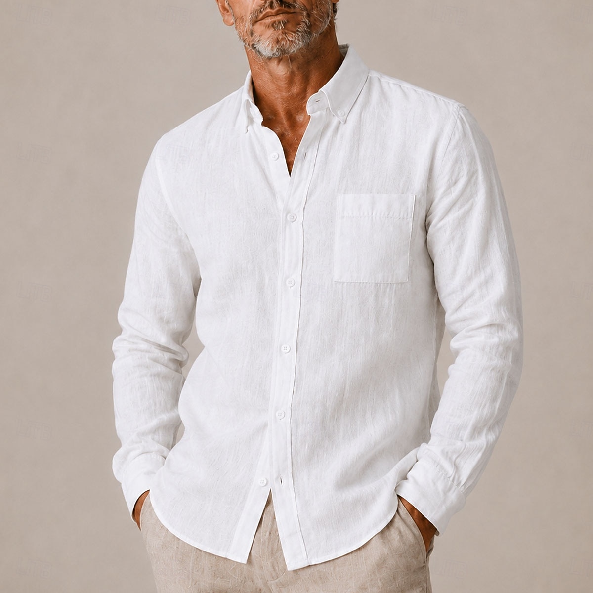 Heren linnen overhemd met knoopsluiting en button-down kraag, casual, geschikt voor dagelijks gebruik en formele gelegenheden, lange mouwen met zak, lente &zomerkleding 2026 - $35.99 –P2