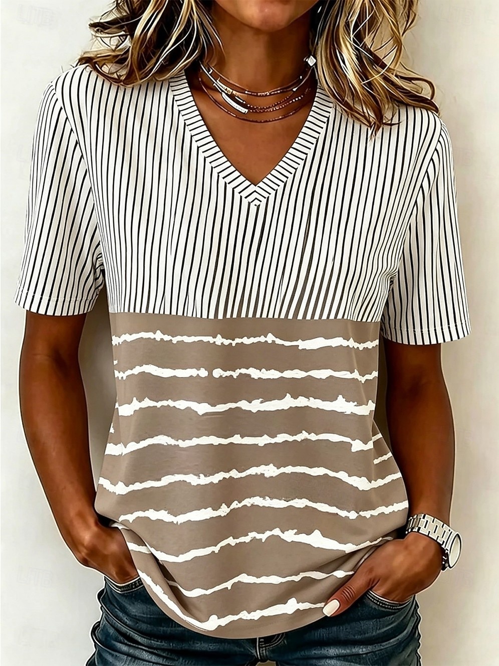 Women's T Shirt Print Striped Stylish Casual Short Sleeve V Neck Long Tops Daily Brown And White Black and White Dusty Rose Gray Summer Spring Fall Winter 2026 - $21.99 –P4