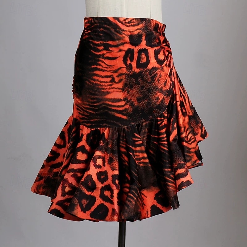 Leopard Print Latin Dance Dress - Long Mesh Sleeve Performance Wear  Orange & Black Salsa Samba Competition 2026 - $128.99 –P5