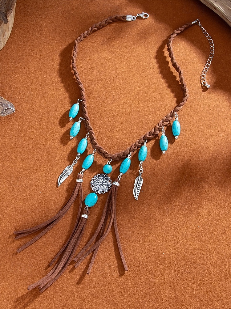 Women's Bohemian Alloy Turquoise Tassel Necklace, Statement Fringe Pendant Jewelry for Music Festival, Beach Vacation, Daily Casual Wear 2026 - $11.99 –P6