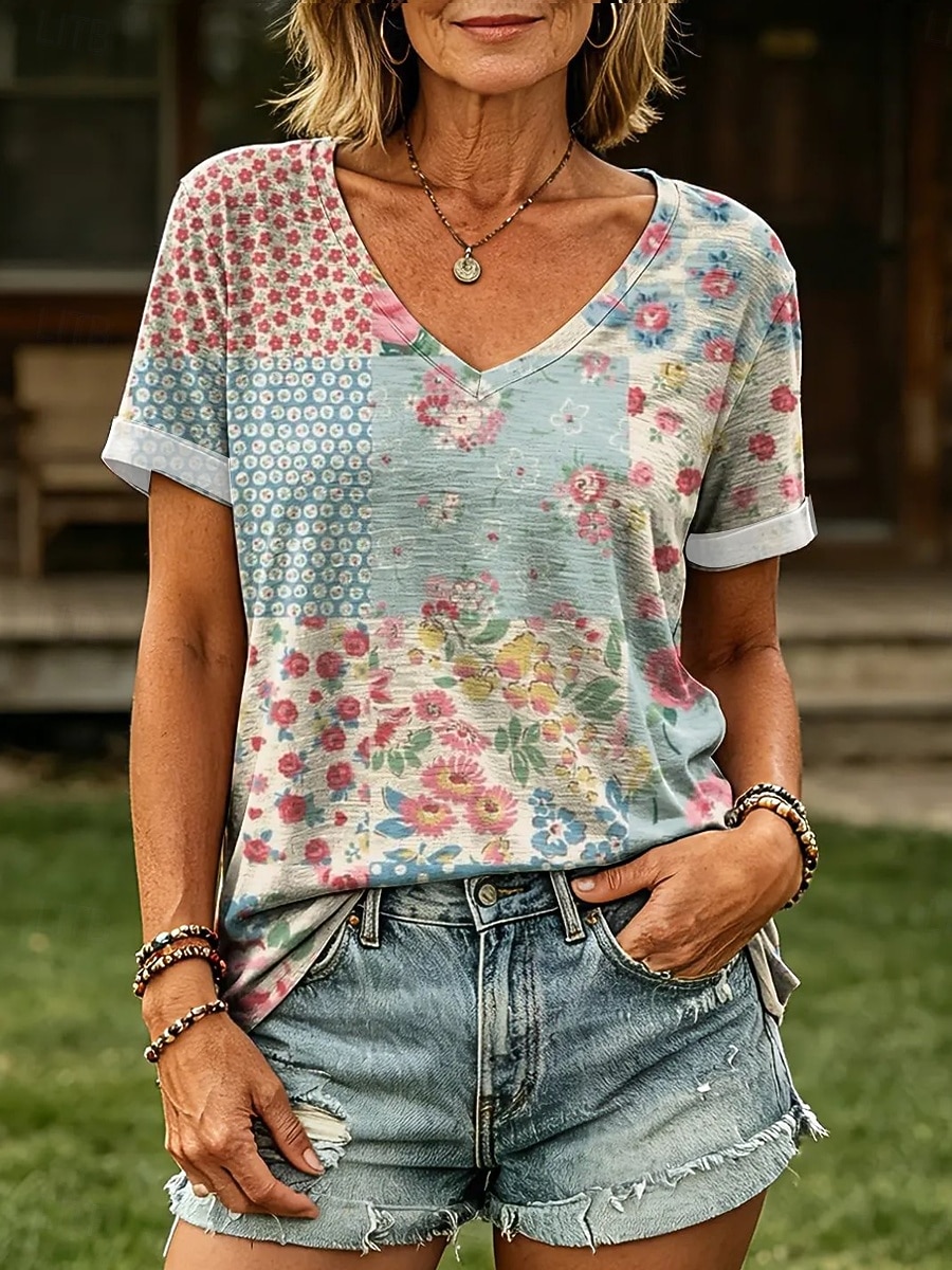 Damen T Shirt Druck Blumen Grafik Stilvoll Klassisch Lässig Kurzarm V Ausschnitt Normale Oberteile Lässig Täglich Blau Rosa Sommer Frühling 2026 - $21.99 –P1