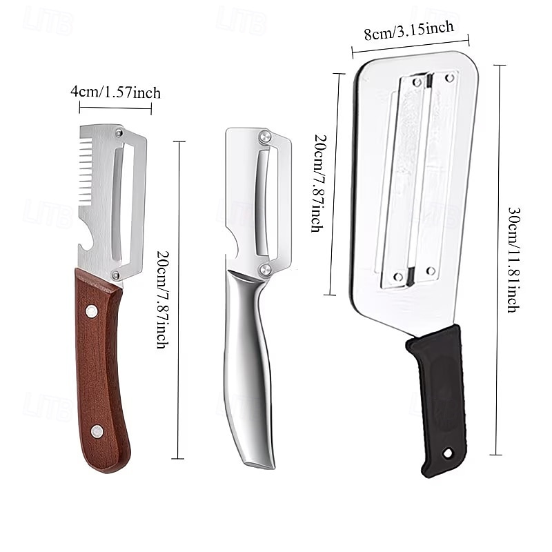 Juego de 3/4 cuchillos peladores de acero inoxidable con mango de madera, cuchillo multifuncional para pelar frutas y verduras, ideal para caña de azúcar, patatas, manzanas y para cortar en la cocina. 2026 - $23.99 –P11