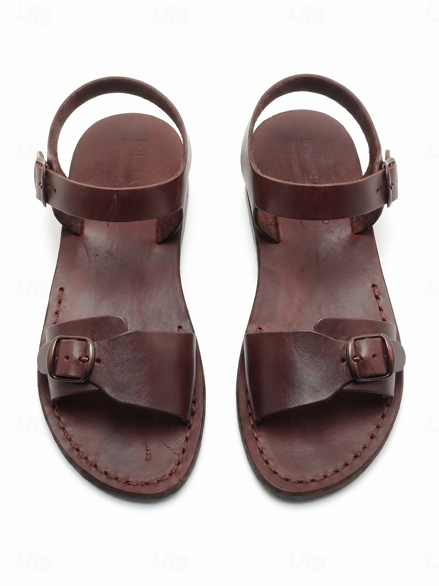 Sandali piatti da donna in pelle marrone con cinturino regolabile alla caviglia - classici sandali estivi con doppia fibbia per passeggiate e viaggi informali del 2026 a $34.99 –P3