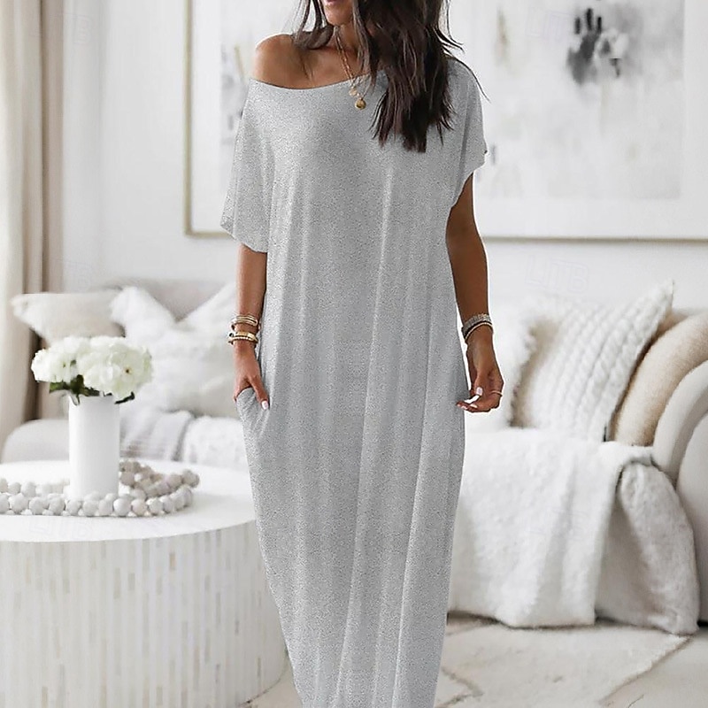 Women's Maxi Dress Casual Dress Elegant Fashion Beach Vacation Sun protection Loose Fit Plain Short Sleeve Boat Neck Yellow Purple Light Grey Summer 2026 - $19.99 –P2