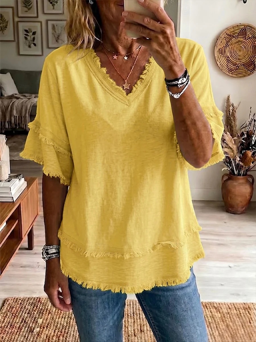 Dame Bluse Helfarge Årgang Stilfull Grunnleggende Kortermet V-hals Vanlige topper Avslappet Daglig Blå Svart Hvit Gul Rosa Sommer Vår 2026 - $27.99 –P8