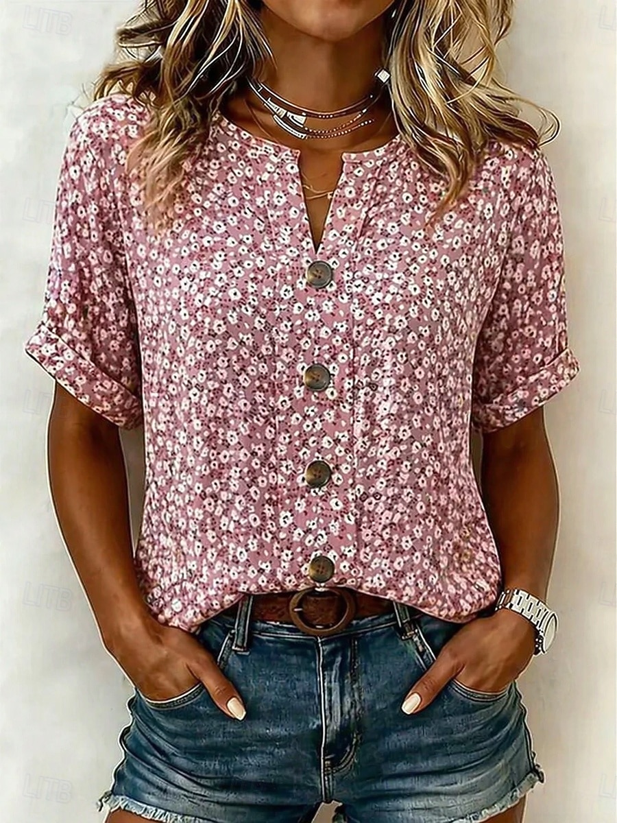 Per donna Blusa Bottoni Stampato Floreale Grafico Vintage Elegante Moderno Manica Corta Colletto a Camicia Top Regolari Casuale Quotidiano Blu Rosa Viola Verde Estate Primavera del 2026 a $24.99 –P3
