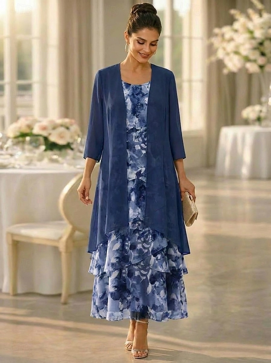 Două Piese Linia -A Lungime Gleznă Rochie pentru invitata de nunta Larg Rochie Mama Miresei Lungime Manșon 3/4 Scoateți gâtul Elegant Simplu Casual Oficial Invitat la nunta Concediu Șifon Rochii 2026 - $182.99 –P1