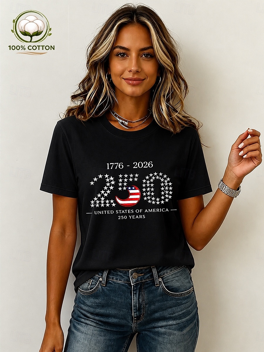American Independence Day Women's 100% Cotton T Shirt Print Graphic American Flag Vintage Stylish Casual Short Sleeve Crew Neck Regular Tops Casual Daily Weekend Blue Black White Pink Apricot Summer 2026 - $24.99 –P2
