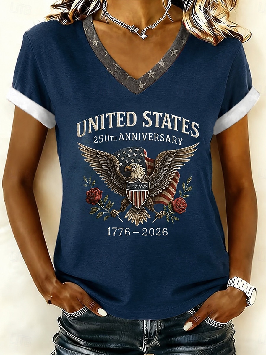 Amerikanischer Unabhängigkeitstag Damen T Shirt Druck Grafik Buchstabe Amerikanische Flagge Vintage Stilvoll Klassisch Kurzarm V Ausschnitt Normale Oberteile Lässig Täglich Schwarz Marineblau 2026 - $8.49 –P5