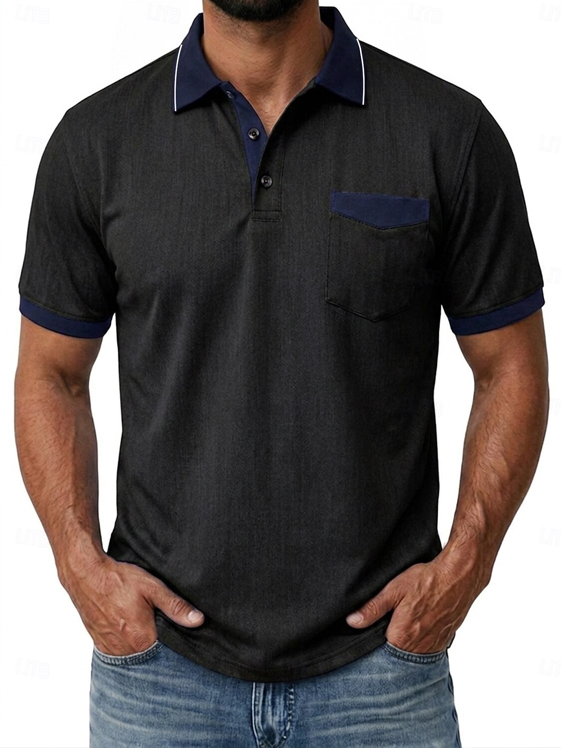 Bărbați Tricouri polo Camasa de blugi Casual Stradă Rever Guler polo cu nervuri Manșon scurt De Bază Modern Simplu Buzunar Bloc de Culoare Vară Primăvară Fit regulat Albastru piscină Negru 2026 - $29.99 –P12