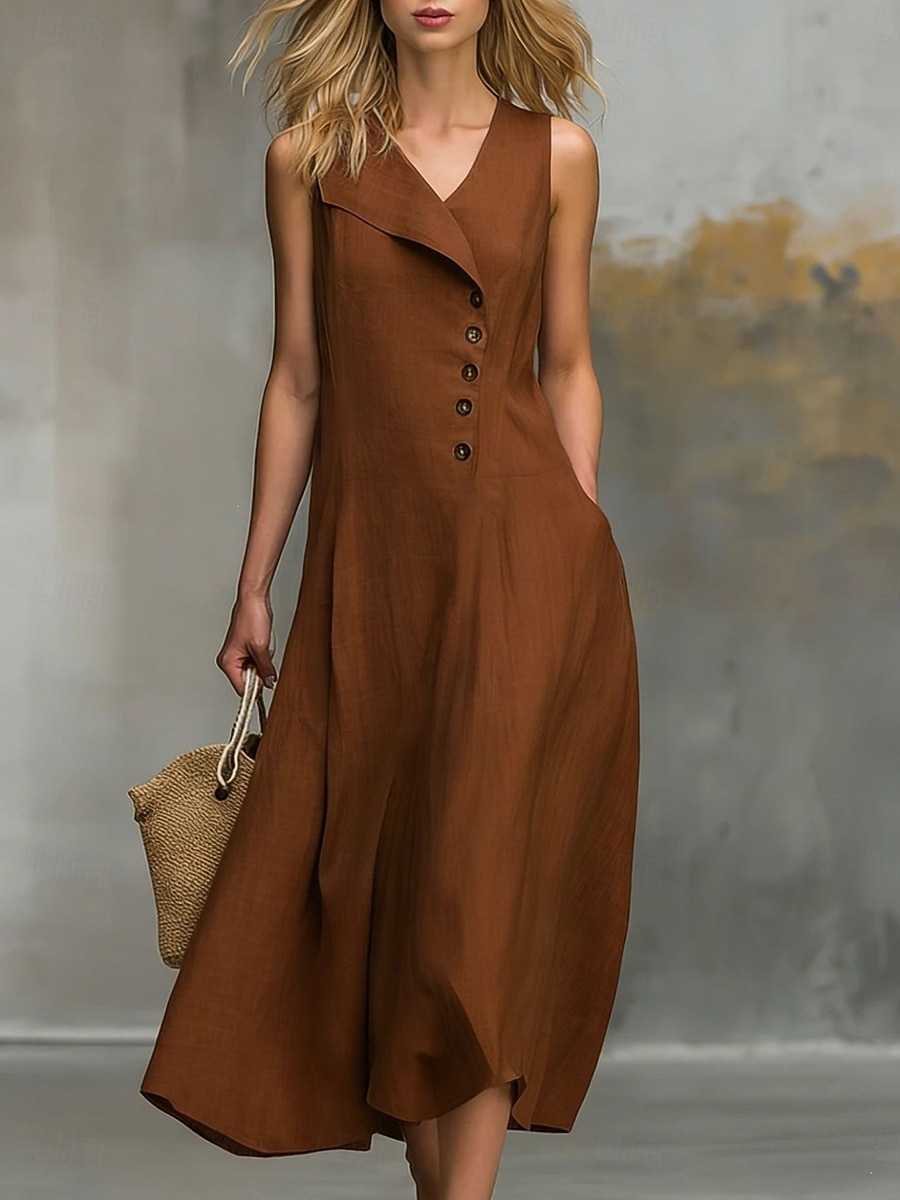 dark brown work dress COSMINA Brown Cinched Waist Midi Dress Women's Wedding Guest Cocktail Slim Fit Asymmetrical Hem Round Neck Regular Sleeve Knitted Cotton Cas,L