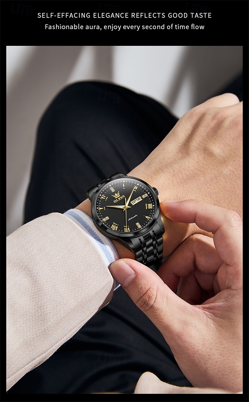 OLEVS Men's Automatic Mechanical Watch, Luxury Stainless Steel Business Dress Watch for Men, Self Winding Wristwatch with Day Date, Waterproof Luminous Diamond Roman Numerals Black Dial Gift Box 2026 - $81.99 –P17