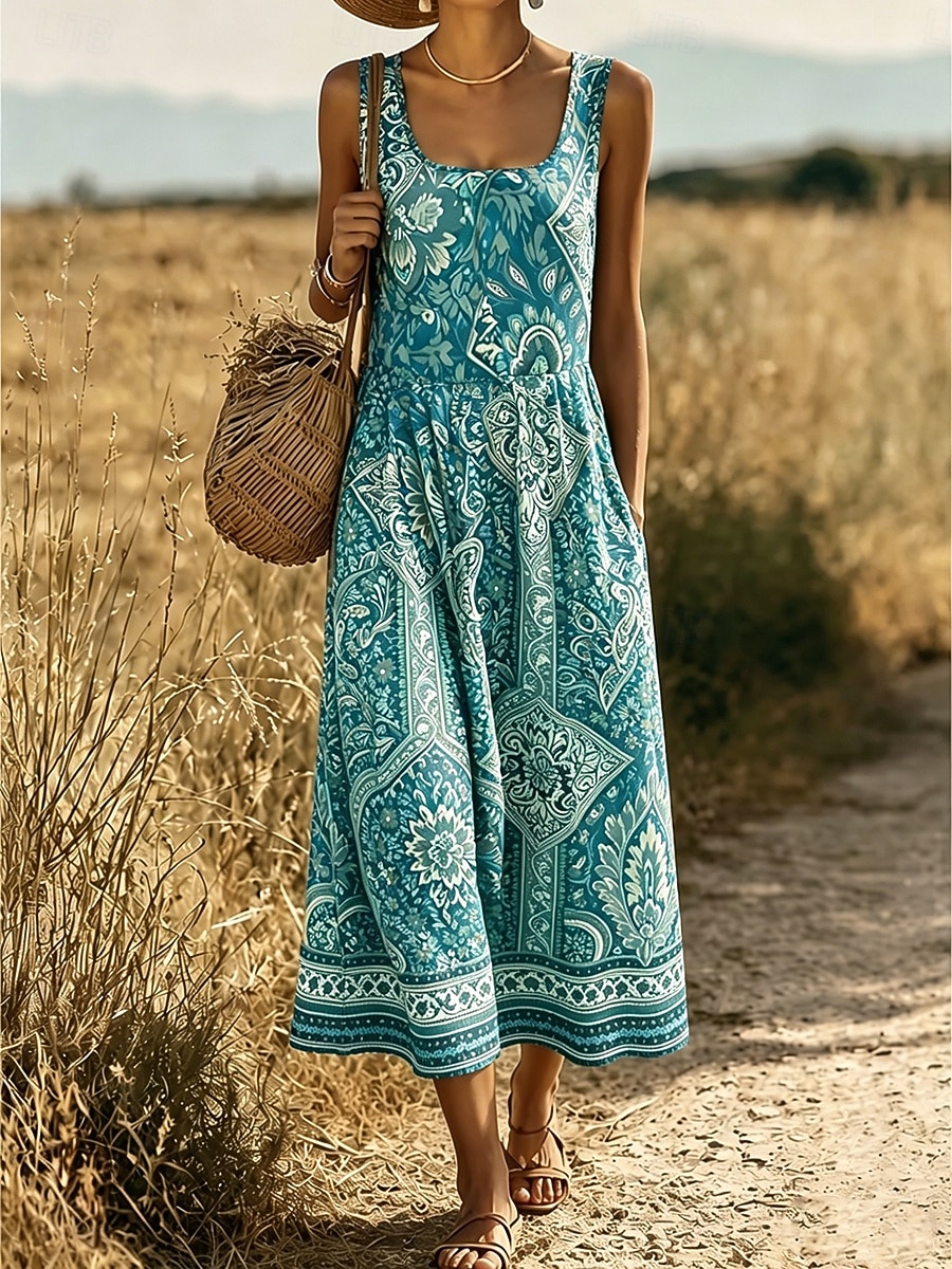 Femmes Robe Midi Robe d'Été Robe trapèze Robe à épaules dénudées Vacances Occasionnel Boho Plage Date Coupe régulière Graphique Paisley Tribal Sans manches Col en U Bleu Chameau Orange Vert Ét de 2026 ? $33.99 –P3