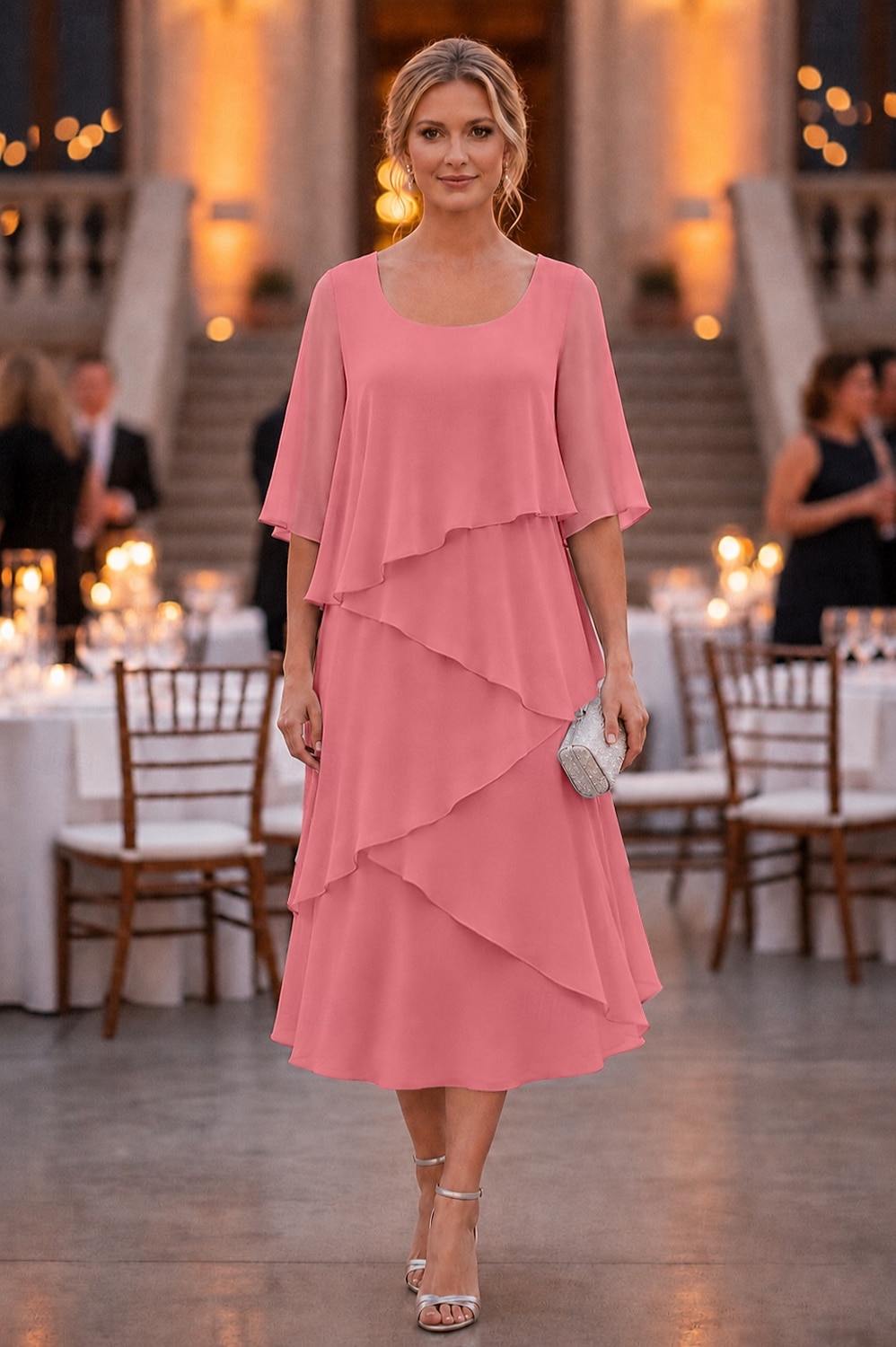 abito a tubino a colonna lunghezza tè abito da festa abito da cocktail abito da invitata a nozze abito da madre della sposa mezza manica scollo a U elegante formale chiffon con volant del 2026 a $137.99 –P7