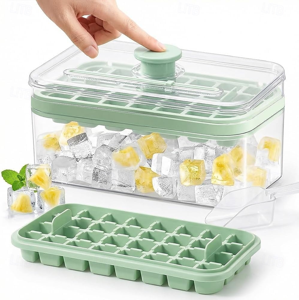 Bandeja para cubitos de hielo de 28/56 compartimentos con tapa y un solo botón. &Contenedor, máquina para hacer cubitos de hielo de fácil extracción con cuchara &Recipiente de almacenamiento, molde de 2026 - $11.99 –P3