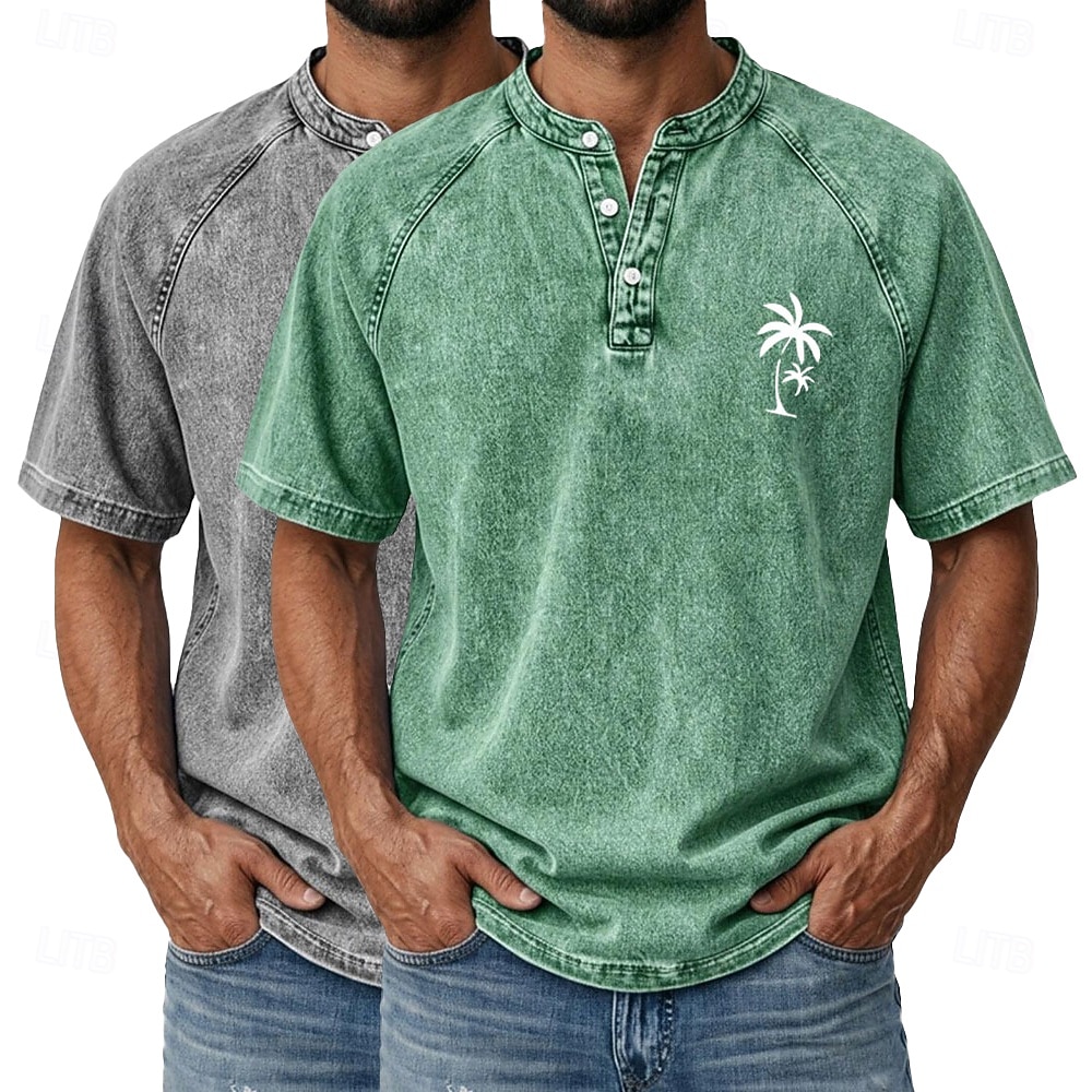SoftFade™ Men's 2-PCS Coconut Tree T Shirt Demin Shirt 100% Cotton Acid Wash Shirt Short Sleeve Vintage Streetwear Casual Home Street Summer Spring Black Light Green Light Blue Stand 2026 - $62.99 –P11