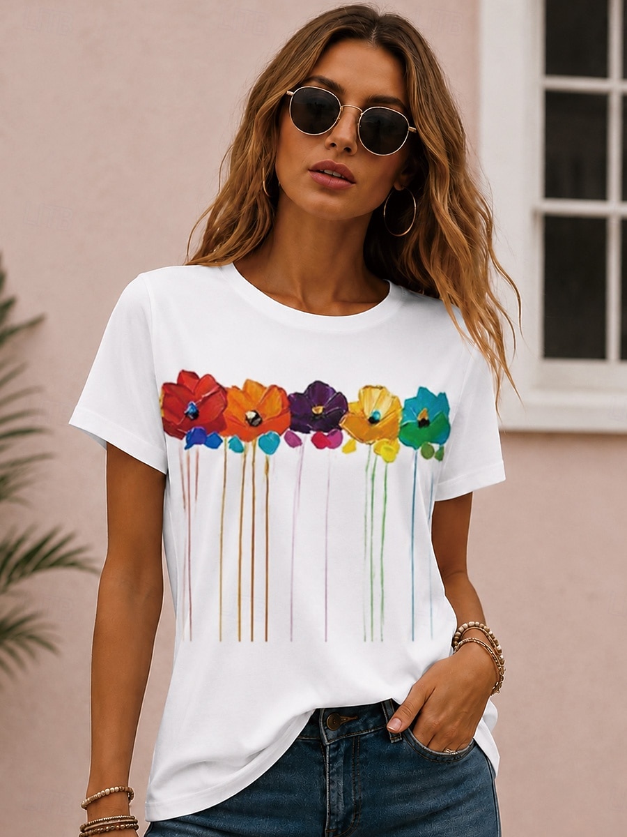 Women's T Shirt Print Floral Graphic Plants Bohemia Hawaiian Stylish Short Sleeve Crew Neck Round Neck Regular Tops Casual Daily White White 2 White 3 Summer Spring Fall Winter 2026 - $21.99 –P3