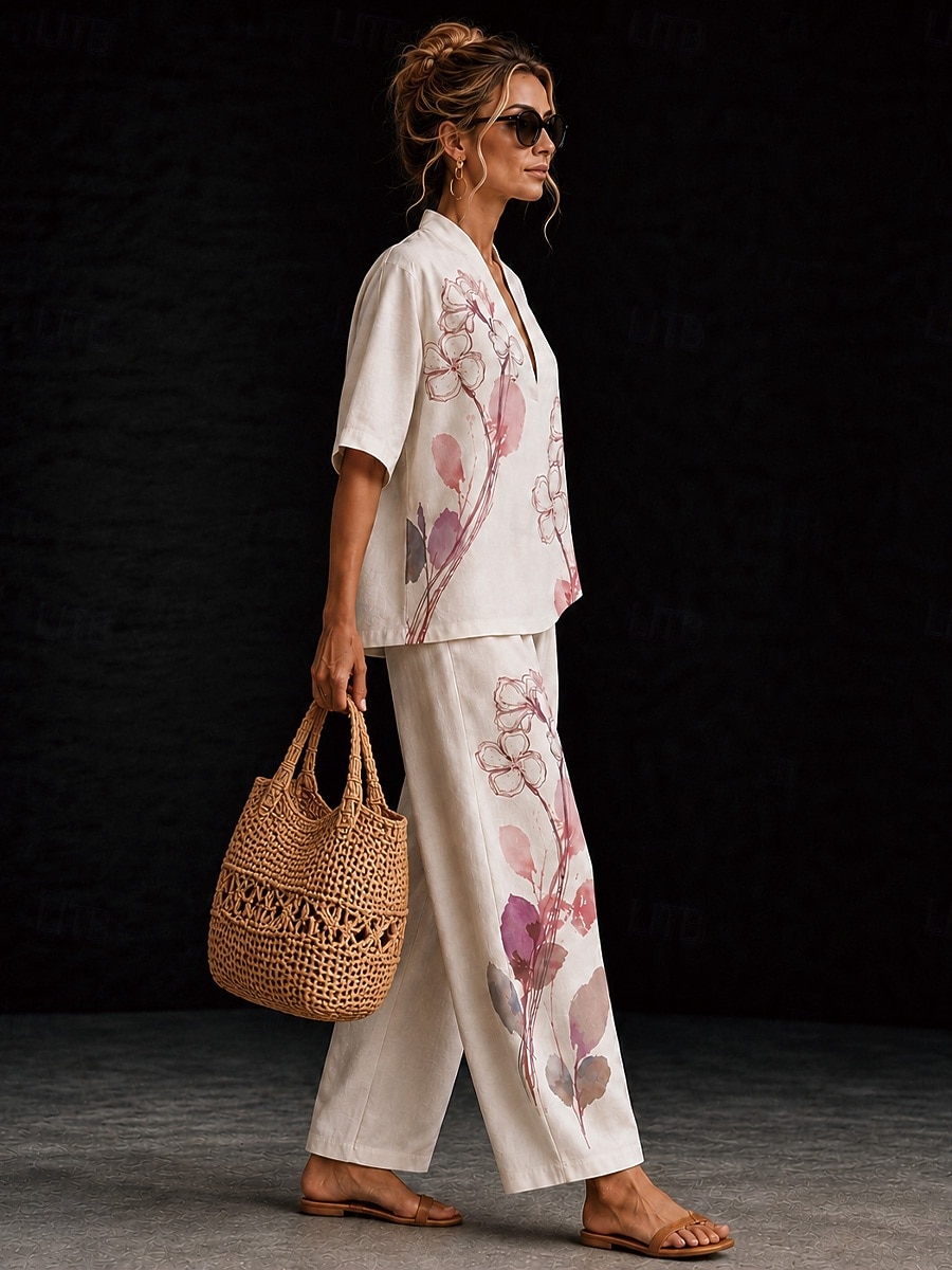 Women's Shirt Cotton Linen Sets Pants Sets Short Sleeve V Neck Floral Graphic Geometric Print Vacation Fashion Streetwear Casual Daily Outdoor Yellow Pink Dusty Rose Spring & Summer Loose Fit 2026 - $55.99 –P4