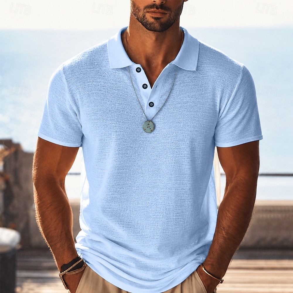 Men's Linen Shirt Polo Shirts Casual Vacation Classic Short Sleeve Vacation Fashion Plain Textured Lightweight Buttons Summer Spring Blue Black Pink Green Light Blue Linen Shirt 2026 - $24.99 –P2