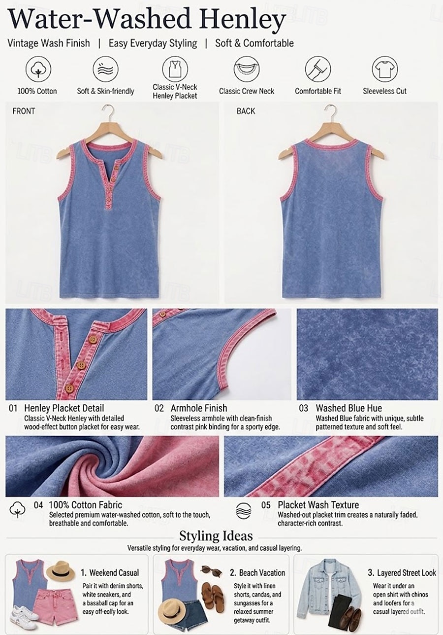 Femmes Coton lavé 100% Coton Débardeur caraco Patchwork Boutons ancien Sans manches Hauts Réguliers Bleu Été Printemps de 2026 ? $28.99 –P1