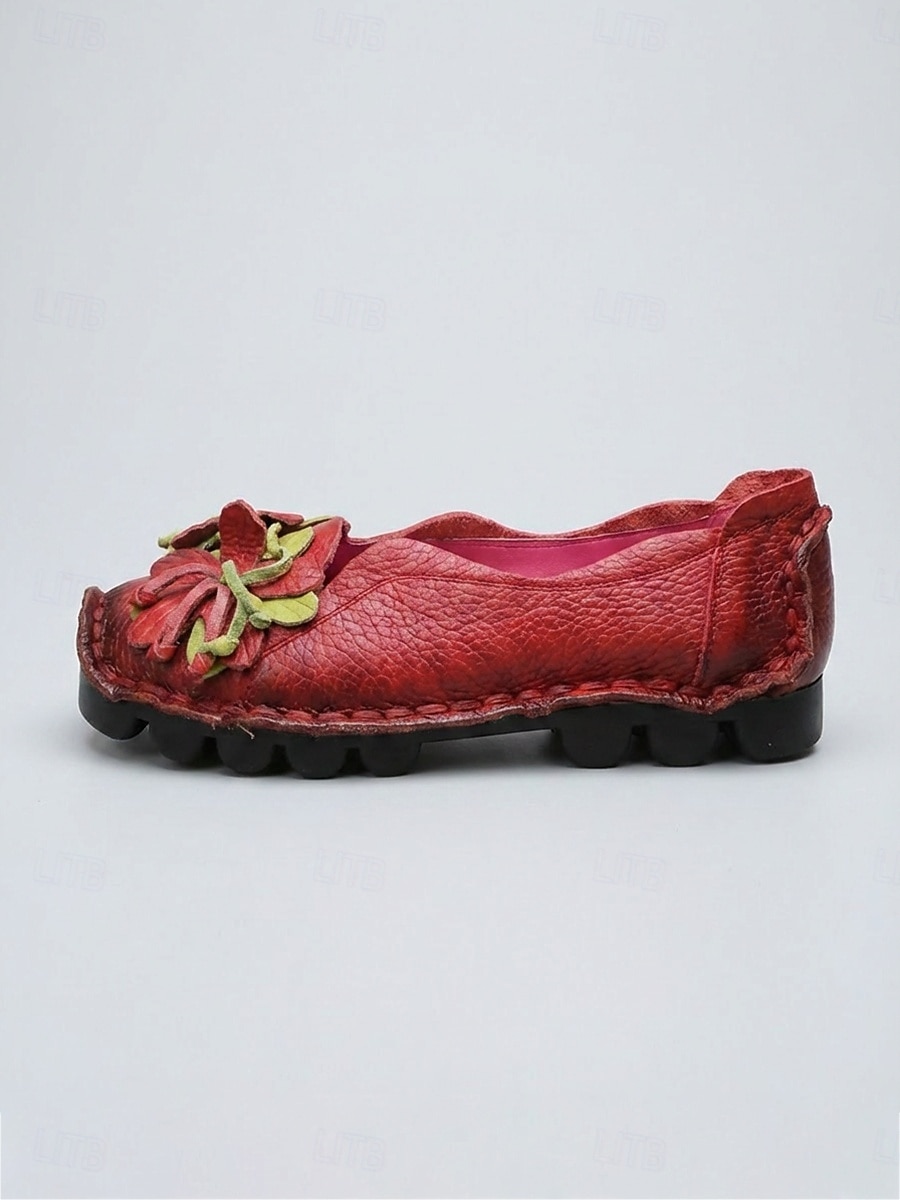 Ballerines confortables en cuir de vachette rouge premium pour femme - légères et confortables toute la journée, ornées d'appliqués floraux faits main, avec semelle antidérapante, idéales pour la de 2026 ? $46.99 –P4