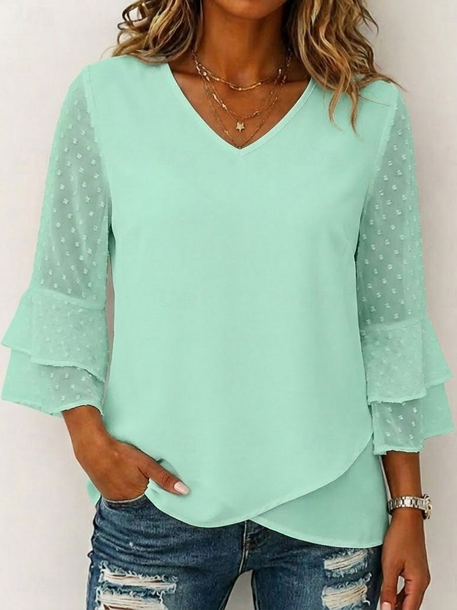 Dam T-shirt T-tröja Elegant 3/4 ärm Volangärm V-hals Vanliga toppar Ledigt Standkläder Blå Svart Vit Rodnande Rosa Grön Sommar Vår 2026 - $25.99 –P5