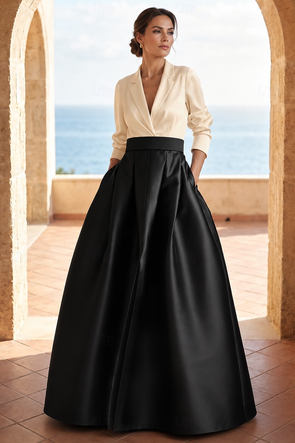 Linea ad A Lunghezza al pavimento Abito da Sera Da principessa Abito formale Elegante Festa Monocolore Manica Lunga Scollo a V Matrimonio Cravatta nera Invitato a matrimonio autunnale Raso Tessuto del 2026 a $172.99 –P1