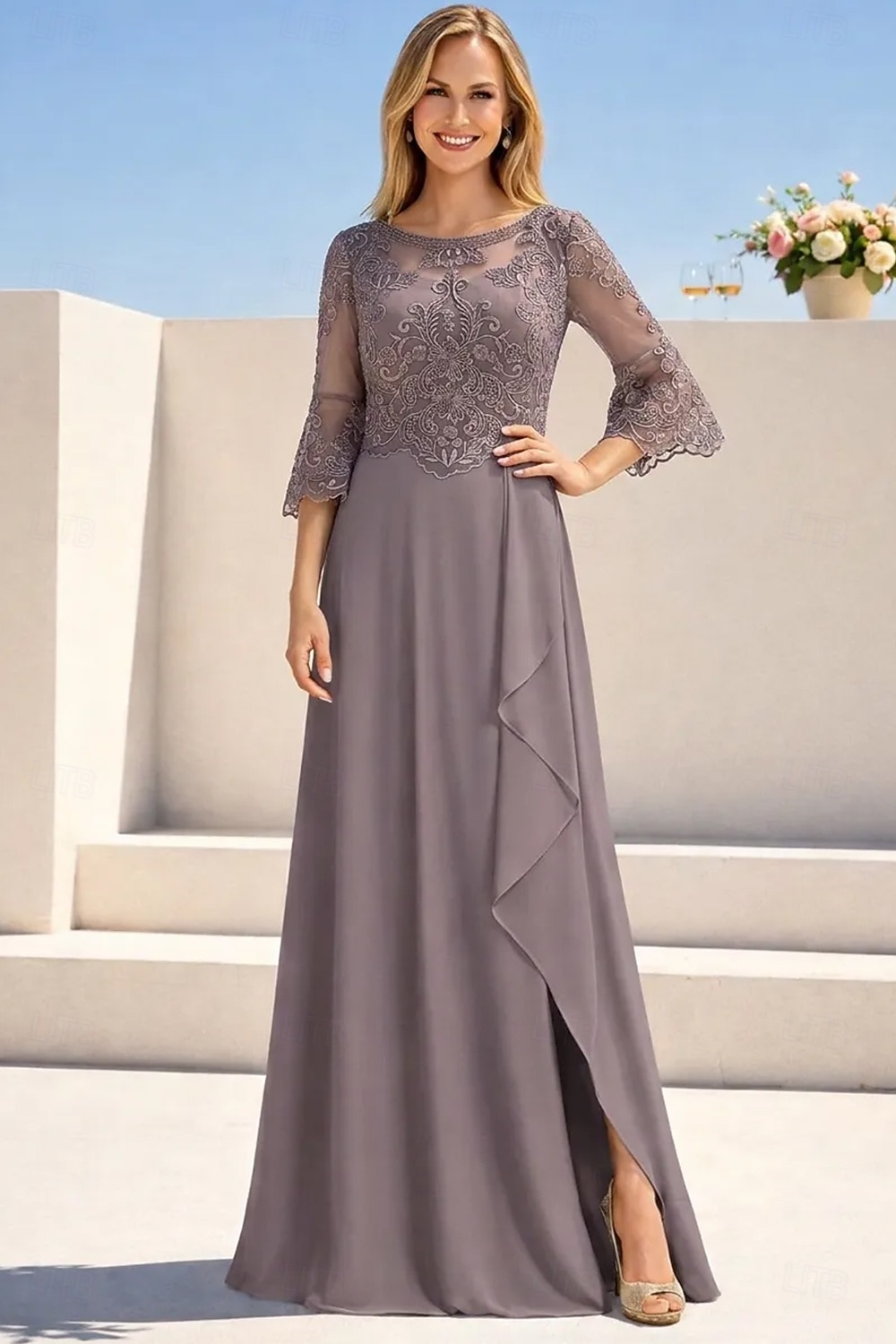 Corte A Hasta el Suelo Vestido Invitada Boda Vestido formal Vestido de noche Vestido de Madrina Manga Larga Cuello Barco Elegante Formal Invitado a la boda Noche formal Gasa con Un Color 2026 - $183.99 –P1