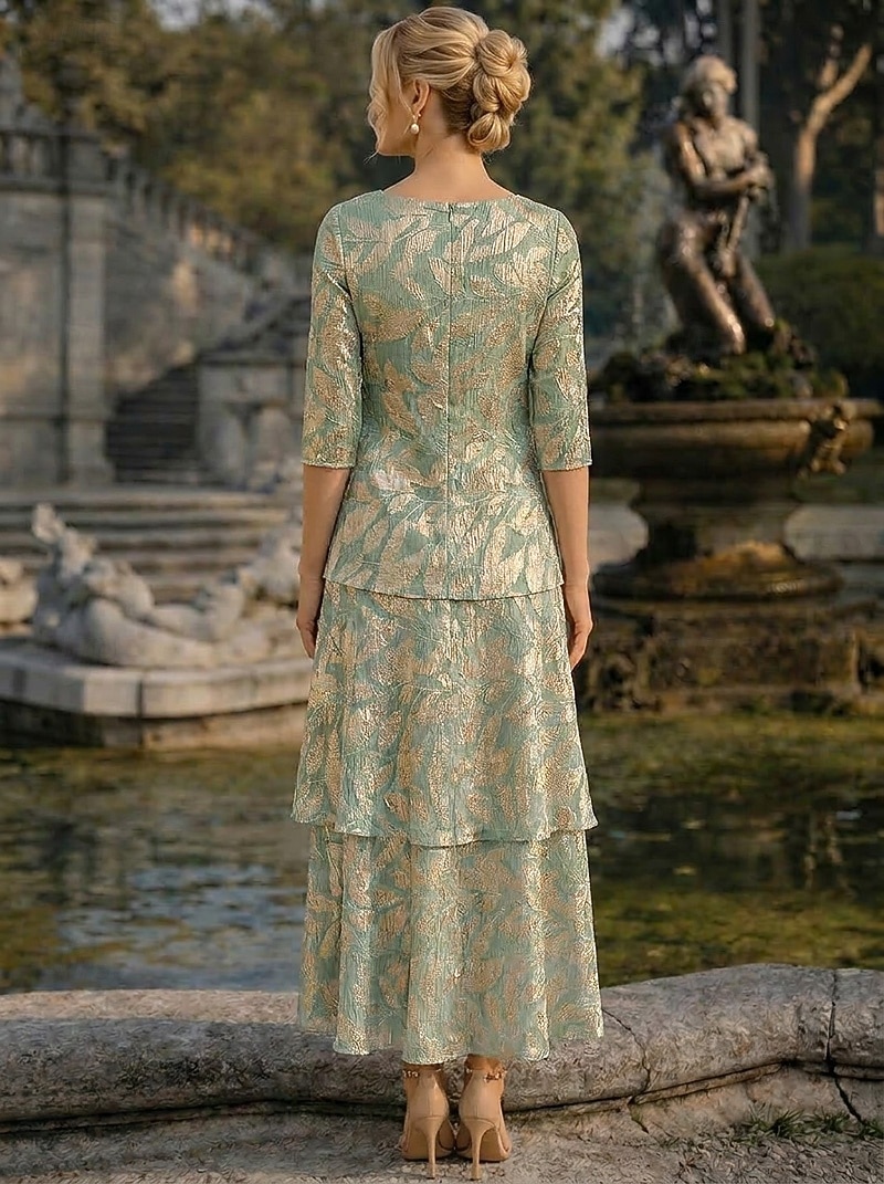 Corte A Hasta el Tobillo Vestido Invitada Boda Vestido de Madrina Media Manga Camiseta con cuello redondo Elegante Formal Semi-formal Doblado Jersey con Estampado flor Plisado Volantes 2026 - $171.99 –P3