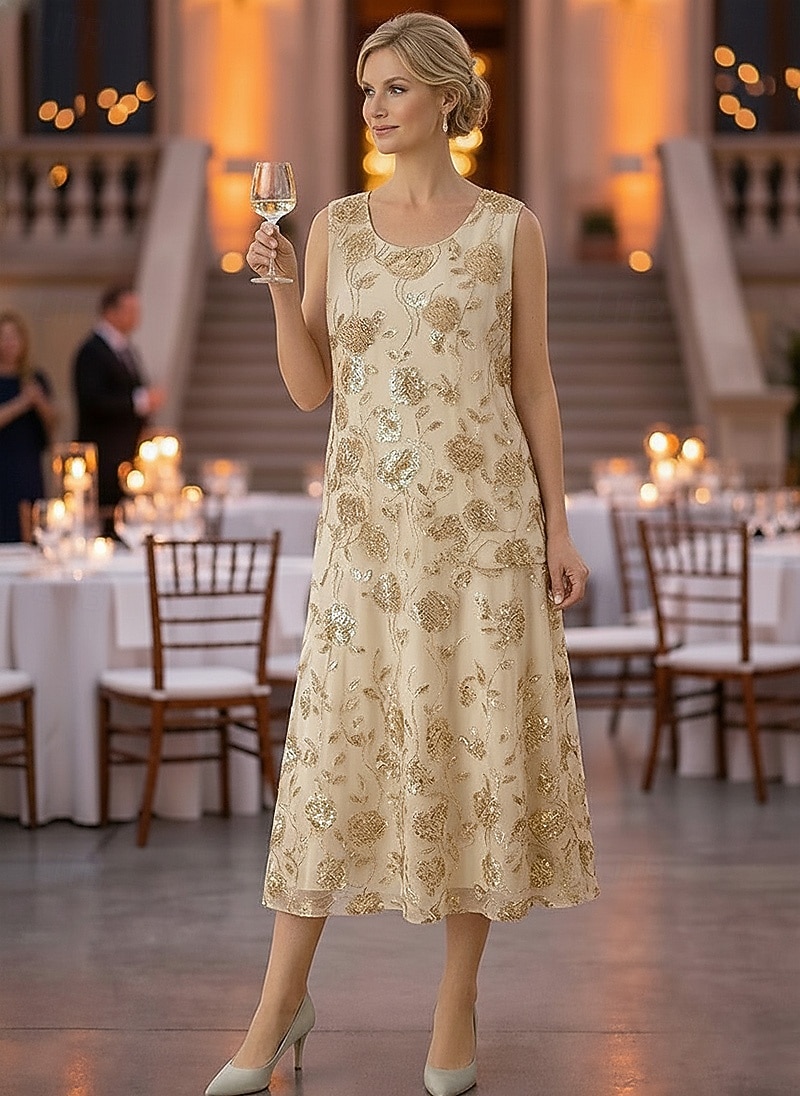 Zweiteilig A-Linie Knöchellänge Tee-Länge Kleid für Hochzeitsgäste Brautmutterkleid Ärmellos Langarm Rundausschnitt Elegant luxuriös Glanz & Glamour Formell Hochzeitsgast Chiffon Paillettenbesetzt mit 2026 - $182.99 –P3