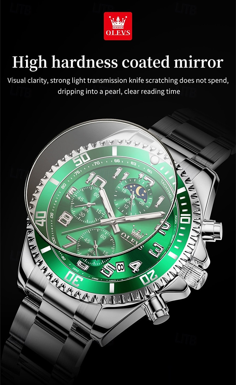 OLEVS Men's Chronograph Watch Luxury Green Face Two Tone Stainless Steel Moon Phase Waterproof Luminous Analog Quartz Wrist Watch for Men Big Face Fashion Sport Business Watch Gifts for Him 2026 - $39.99 –P3